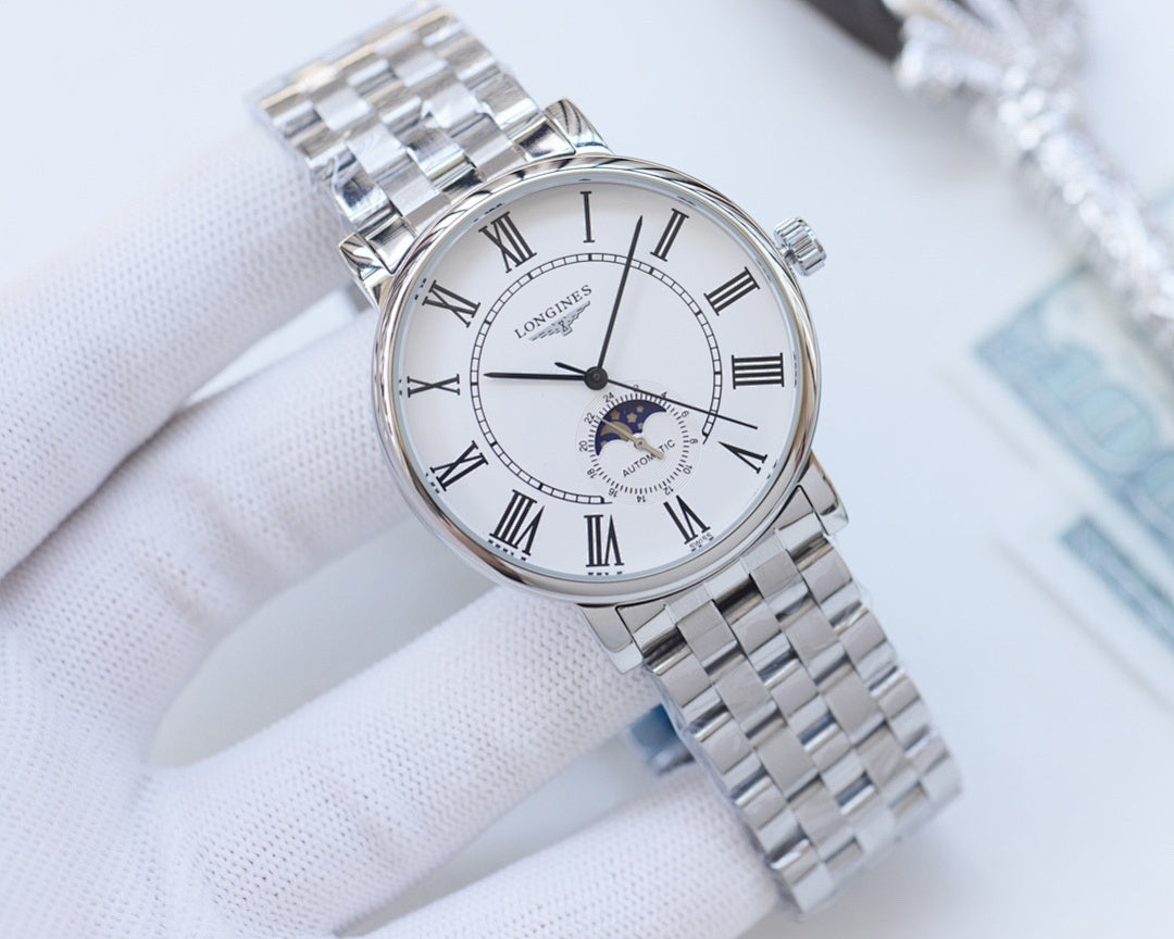 Two-tone Longines wristwatch with white dial and Roman numerals on silver metal bracelet