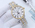 Two-tone Longines wristwatch with white dial, Roman numerals, and metal link bracelet