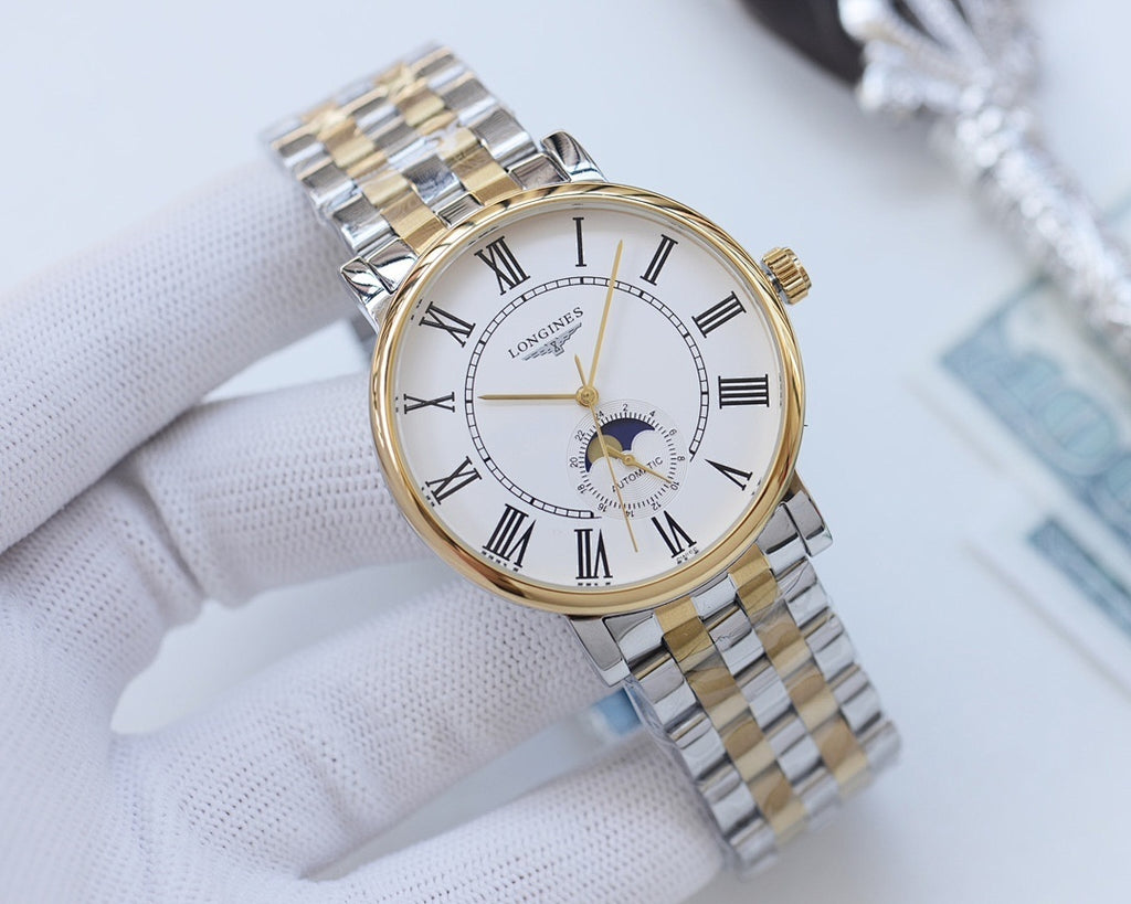 Two-tone Longines wristwatch with gold bezel, white dial, Roman numerals, metal bracelet