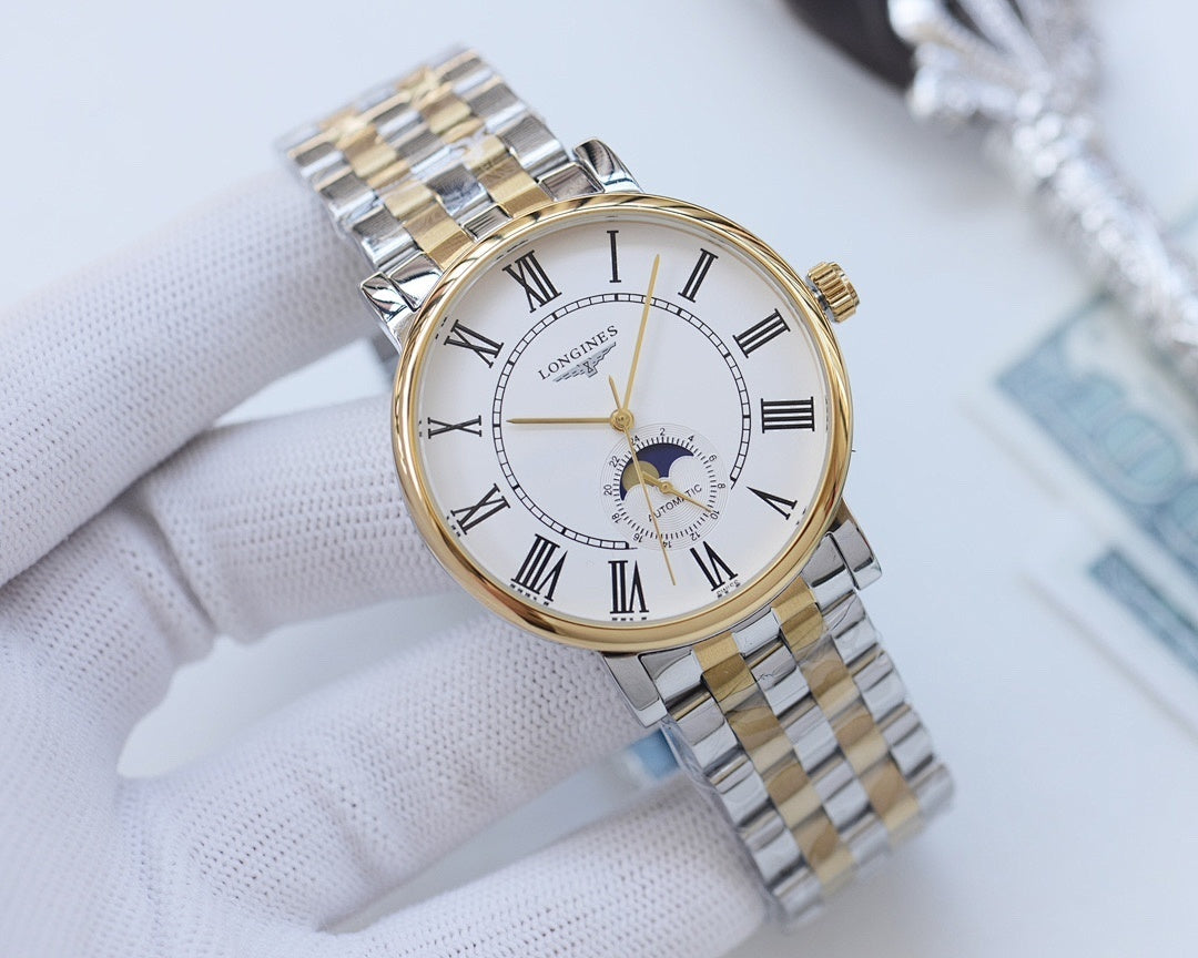 Two-tone Longines wristwatch with gold bezel, white dial, Roman numerals, metal bracelet