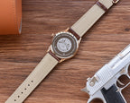 Longines watch with rose-gold tone case, beige leather strap, white dial details