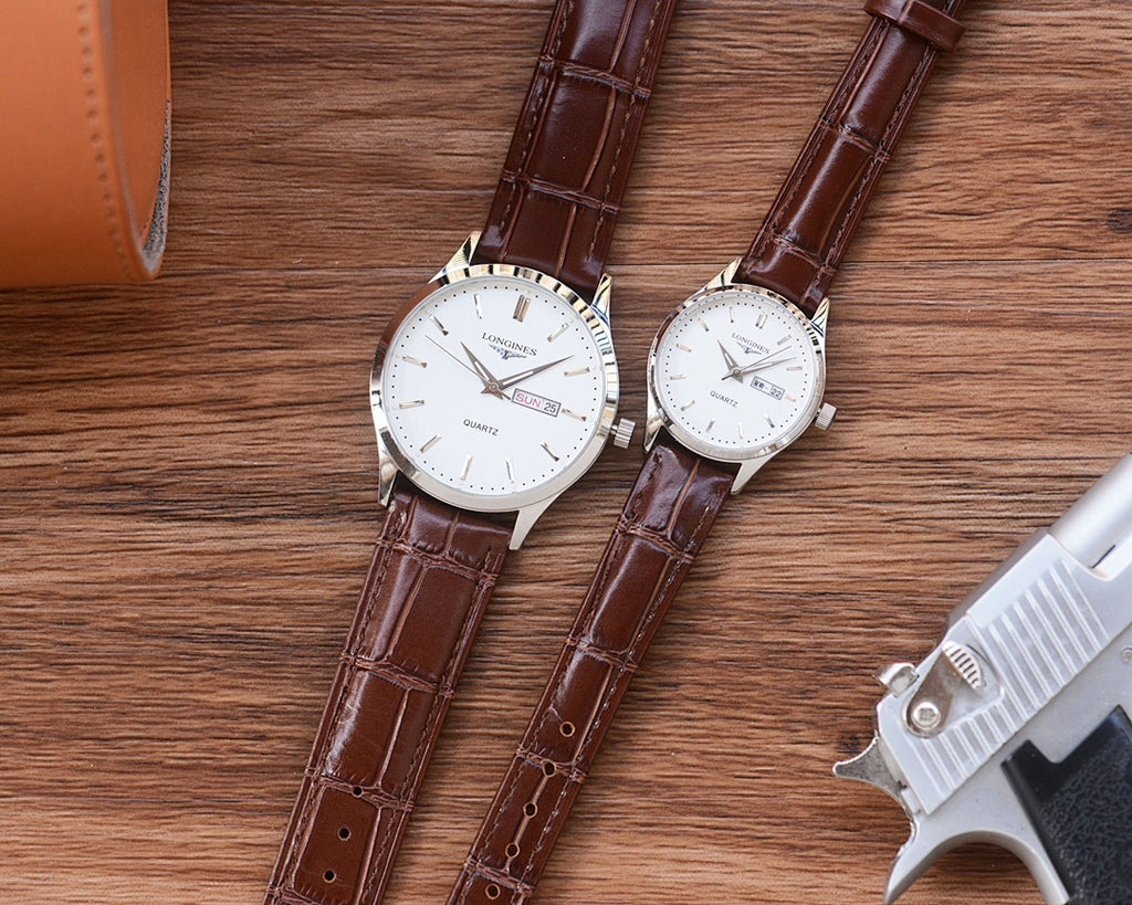 Longines watch with brown leather strap and white dial, round case
