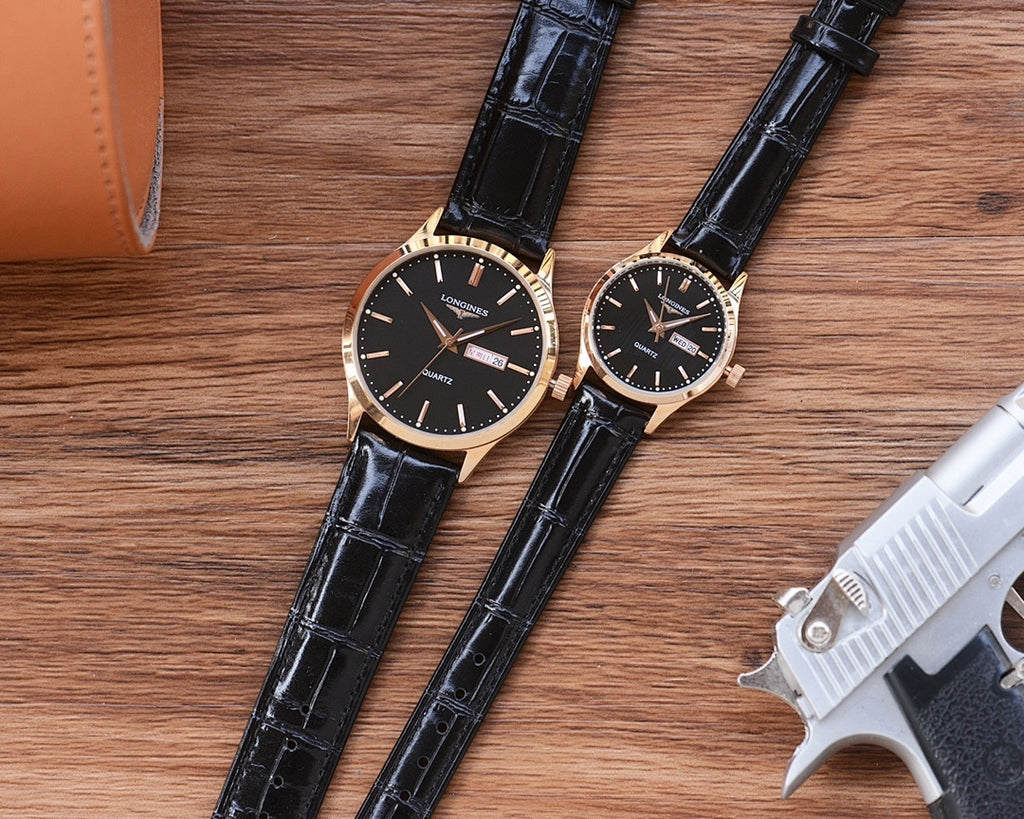 Longines watch with black leather strap and black dial, gold-tone bezel