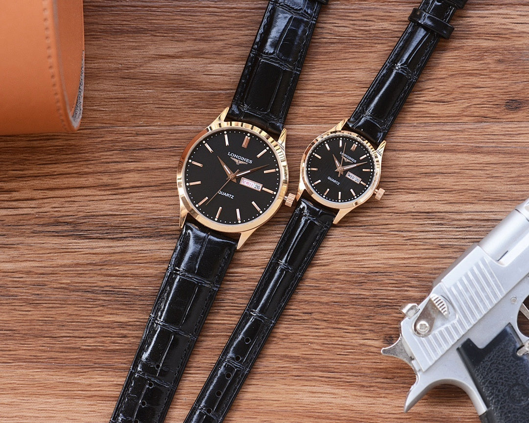 Longines watch with black leather strap and black dial, gold-tone bezel