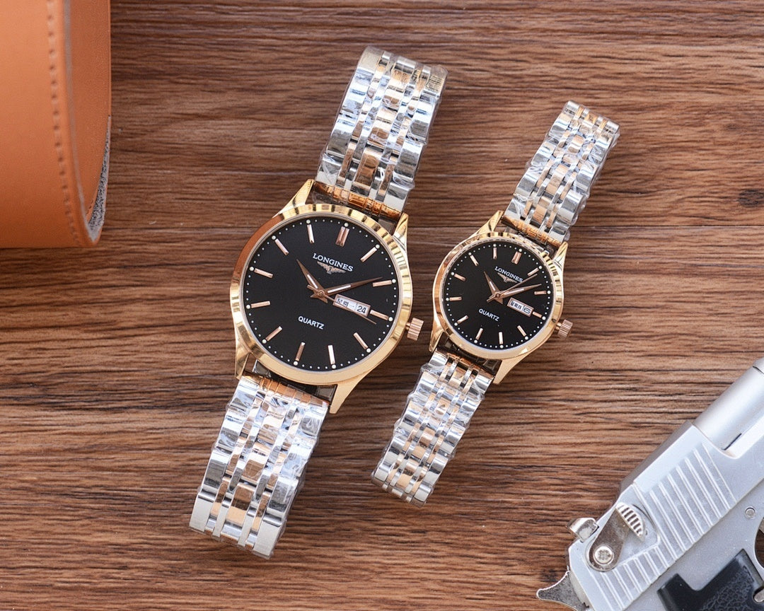 Longines watch with silver metal bracelet and dark dial, gold-tone bezel
