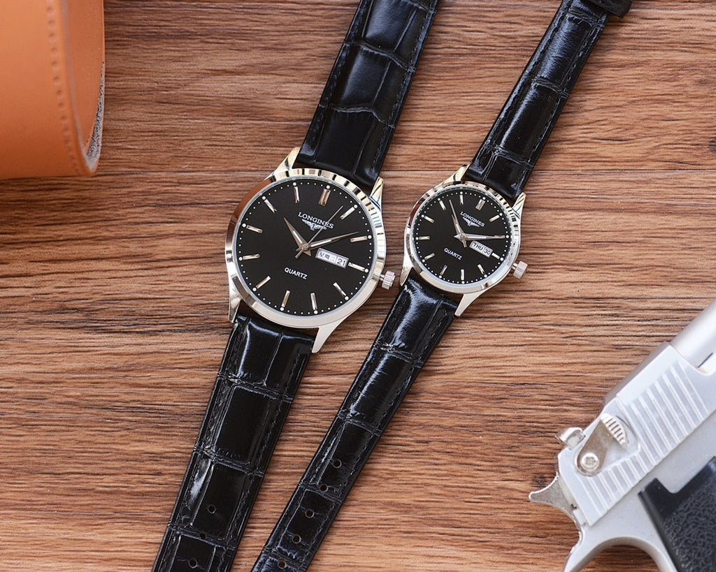 Longines watch with black leather strap and dark dial, round case