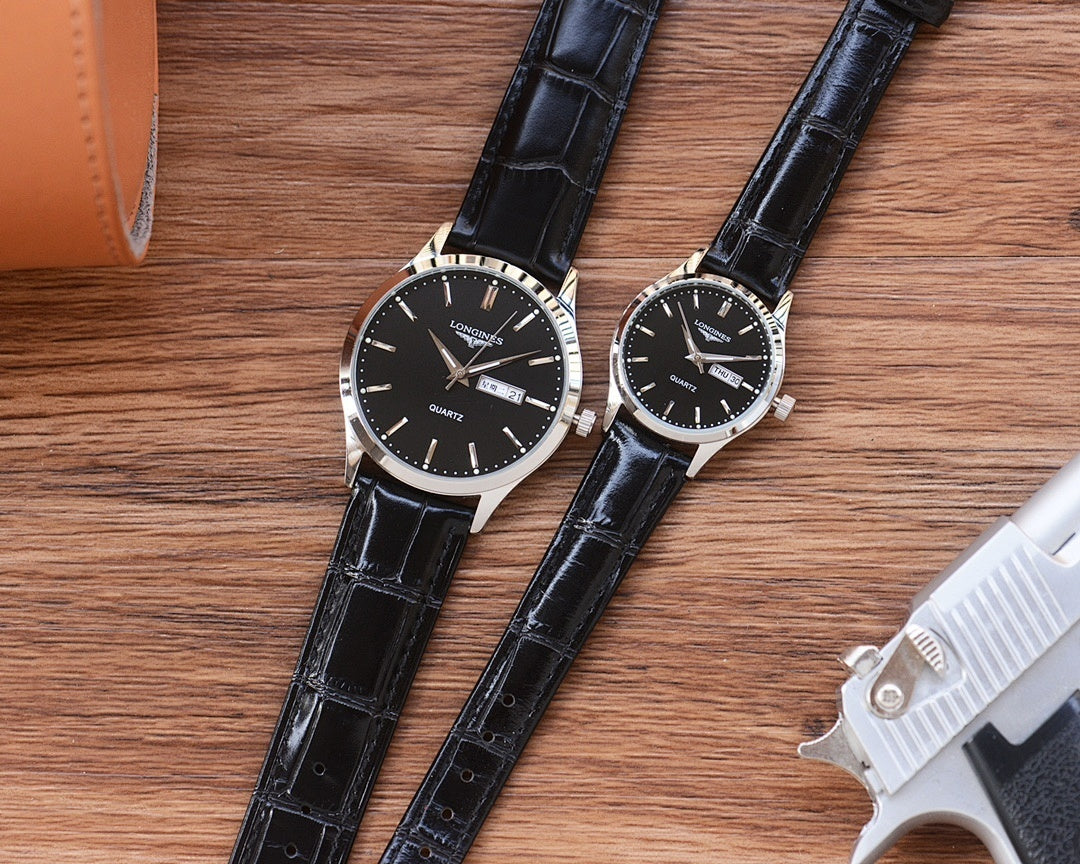 Longines watch with black leather strap and dark dial, round case