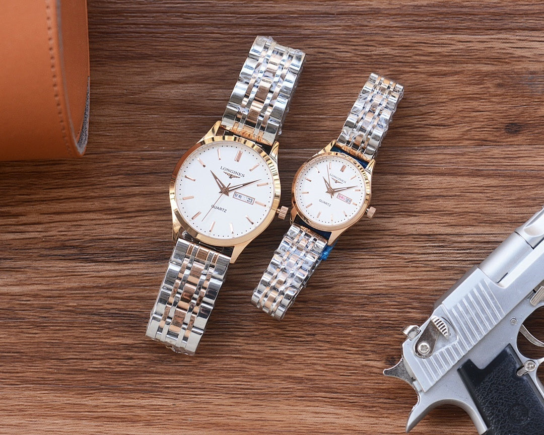 Longines watch with silver metal bracelet and white dial, round case