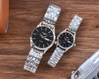 Longines watch with silver metal bracelet and black dial, round case