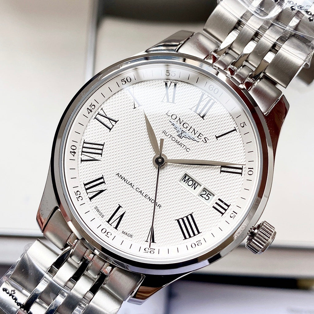 Longines watch with white dial and steel bracelet, date MON 25