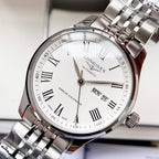 Longines watch with white dial and steel bracelet, date MON 25