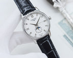 Longines wristwatch with black leather strap and white dial, silver case with crown