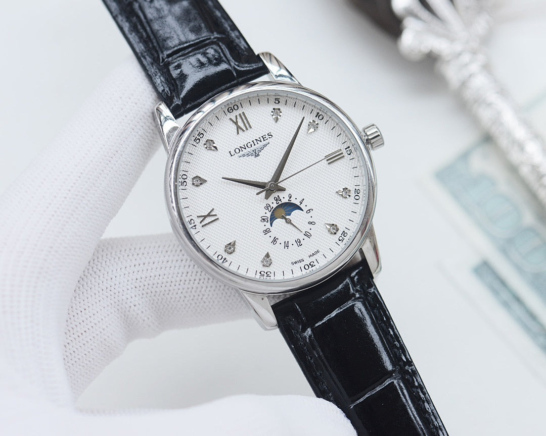 Longines wristwatch with black leather strap and white dial, silver case with crown