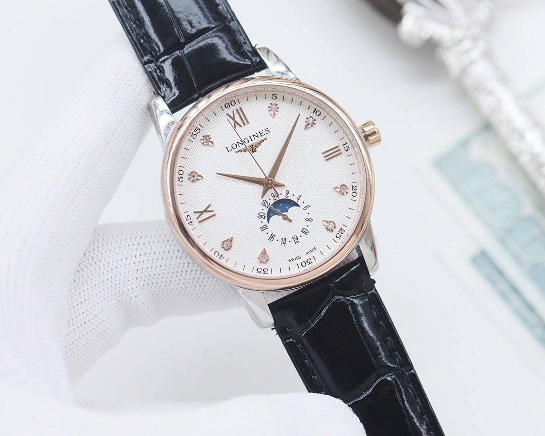 Longines wristwatch with black leather strap and white dial, rose-gold tone bezel