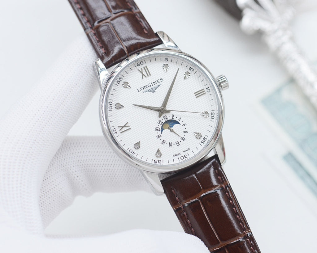 Longines wristwatch with brown leather strap and white dial, silver case and crown