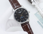 Longines wristwatch with brown leather strap and dark dial, silver case and crown