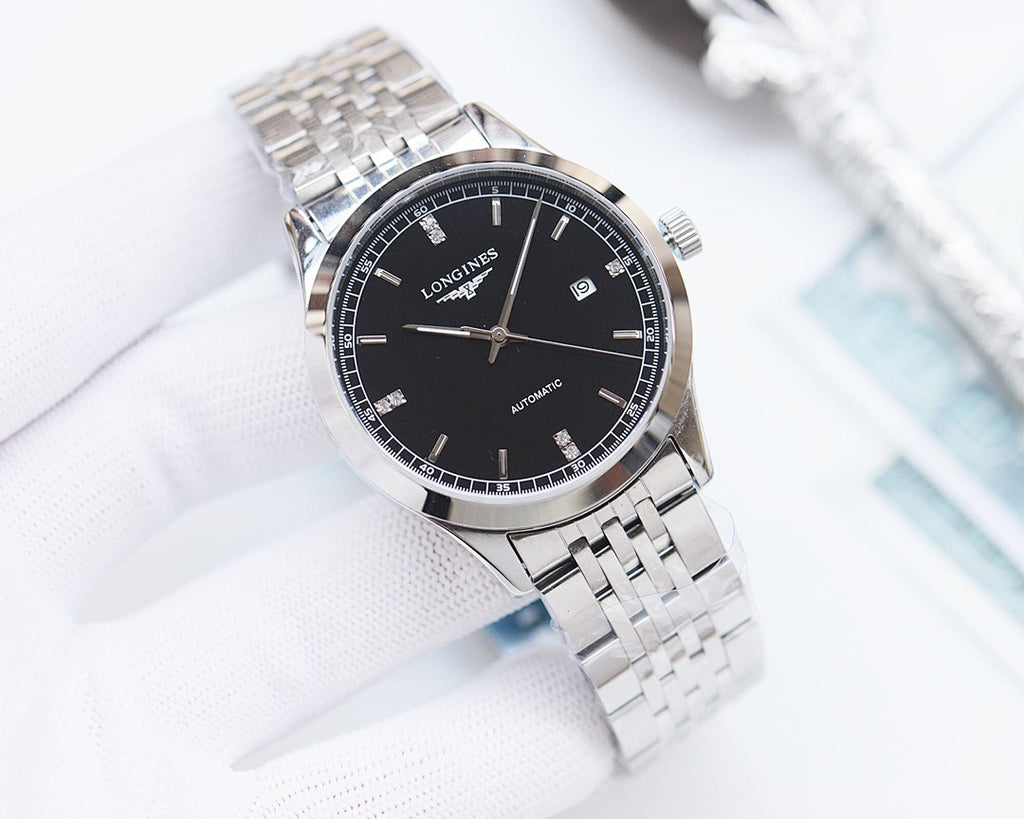 Automatic wristwatch with black dial, silver case, and stainless steel link bracelet