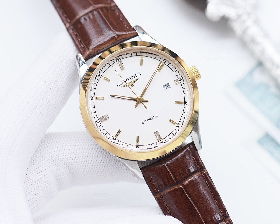 Automatic wristwatch with white dial, gold-tone case, and brown leather strap