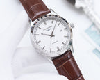 Automatic wristwatch with white dial, silver case, and brown leather strap