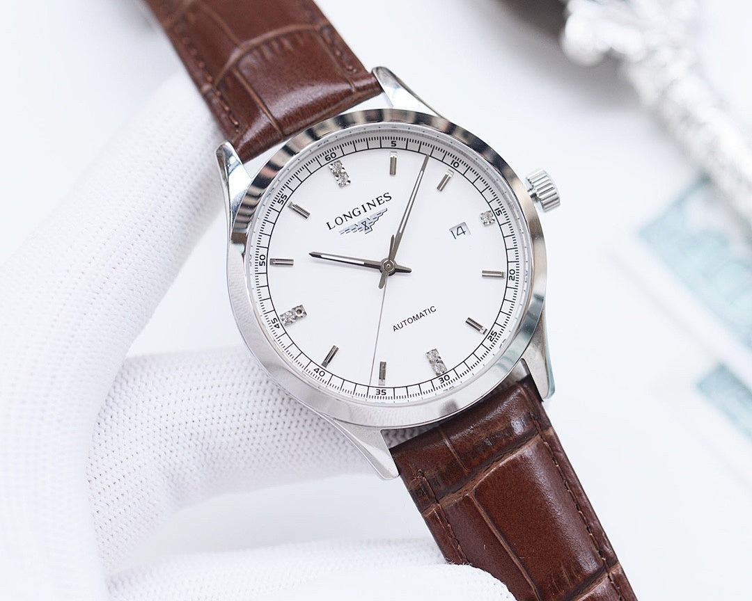 Automatic wristwatch with white dial, silver case, and brown leather strap