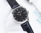 Automatic wristwatch with black dial, silver case, and black leather strap