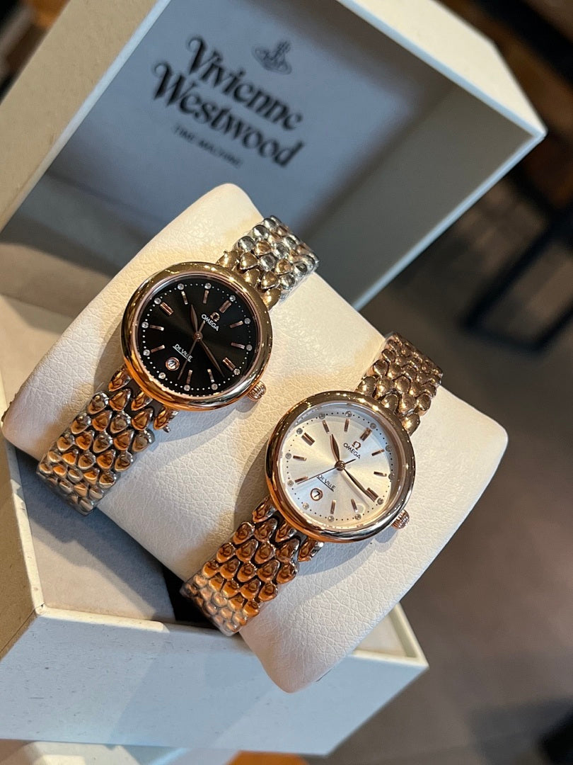 Pair of Omega wristwatches with black and white dials and metal link bracelets