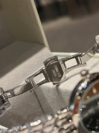 Omega watch bracelet clasp and silver links, with small dial details in frame