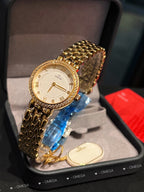 Omega wristwatch with gold-tone case, champagne dial, and textured gold link bracelet