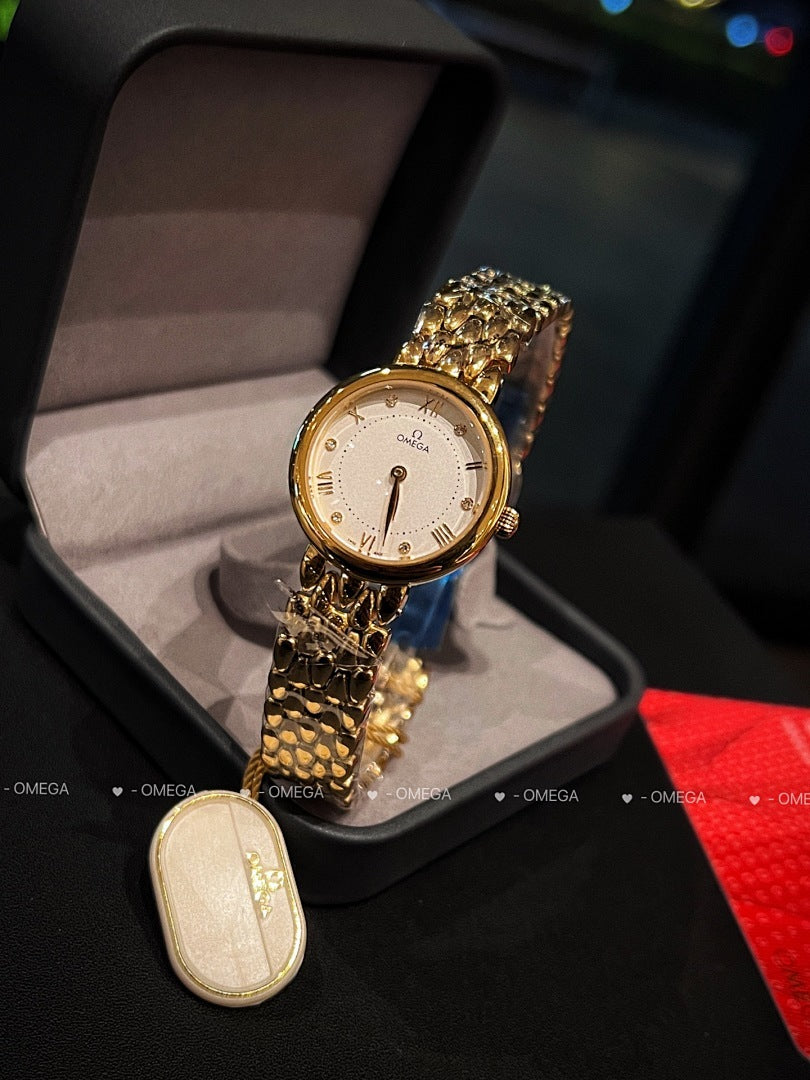 Omega wristwatch with gold-tone case, white dial, and textured gold link bracelet
