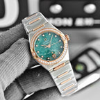 Omega wristwatch with teal dial, rose-gold bezel with diamond accents, and metal bracelet.