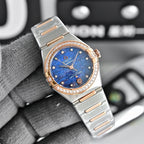 Omega wristwatch with blue dial, rose-gold bezel with diamond accents, and metal bracelet.