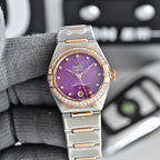 Omega wristwatch with purple dial, rose-gold bezel with diamond accents, and metal bracelet.