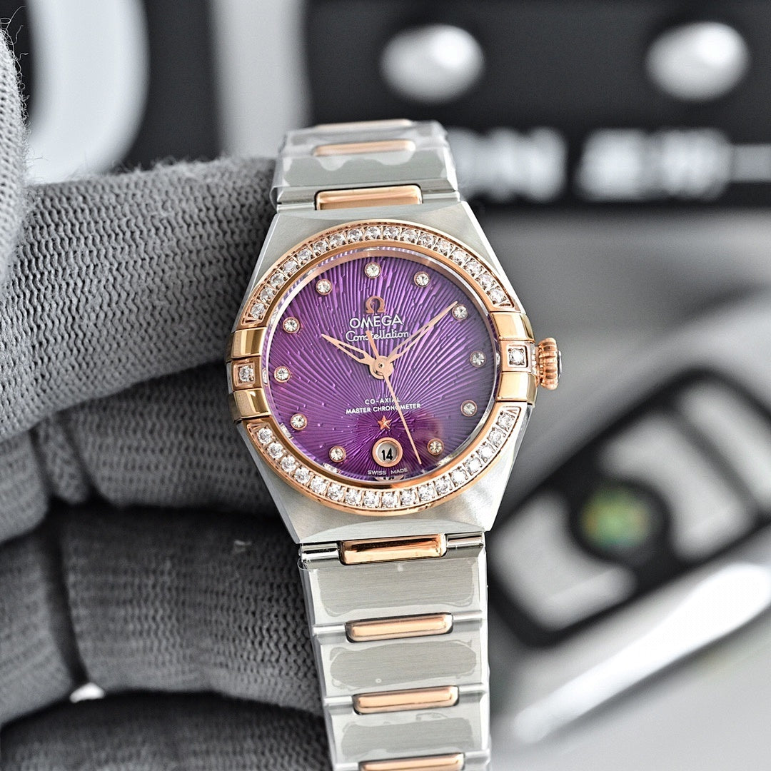 Omega wristwatch with purple dial, rose-gold bezel with diamond accents, and metal bracelet.