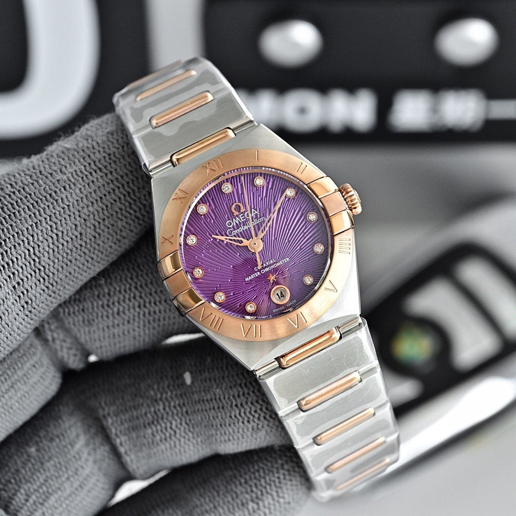Two-tone wristwatch with purple dial, metal bracelet, and rose-gold bezel