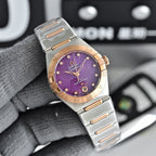 Two-tone wristwatch with purple dial, metal bracelet, and rose-gold bezel