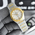 Omega two-tone watch with white dial, gold bezel, and steel bracelet with gold links