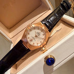 Omega wristwatch with white dial, rose-gold case, black leather strap