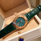 Omega wristwatch with green dial, rose-gold case, green leather strap, detailed hands