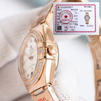 Omega wristwatch with rose gold case and bracelet, side profile with diamond bezel detail.