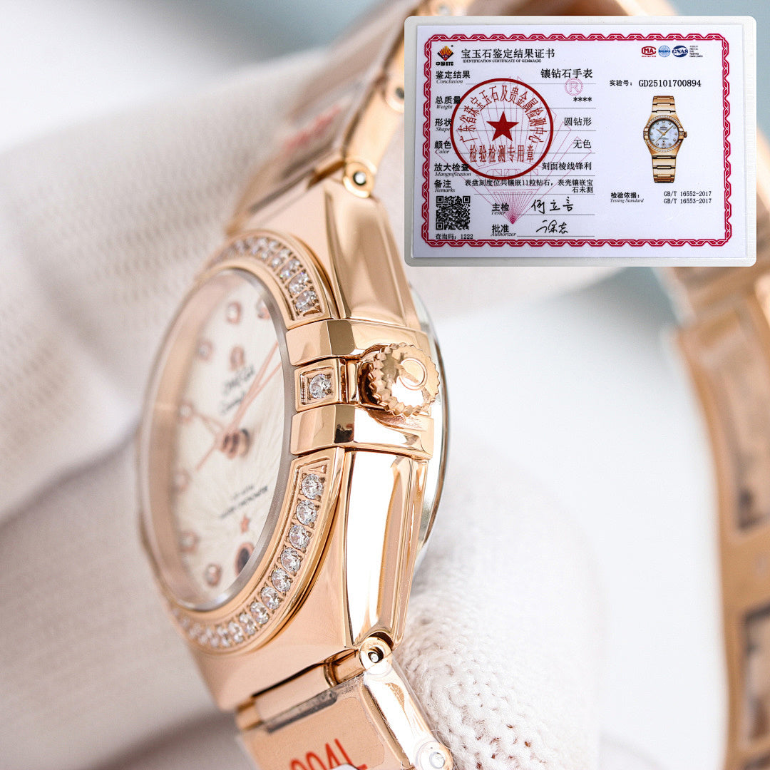 Omega wristwatch with rose gold case and bracelet, side profile with diamond bezel detail.