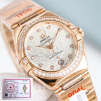 Omega wristwatch with rose gold bracelet, white textured dial, diamond-set bezel, gold hands.