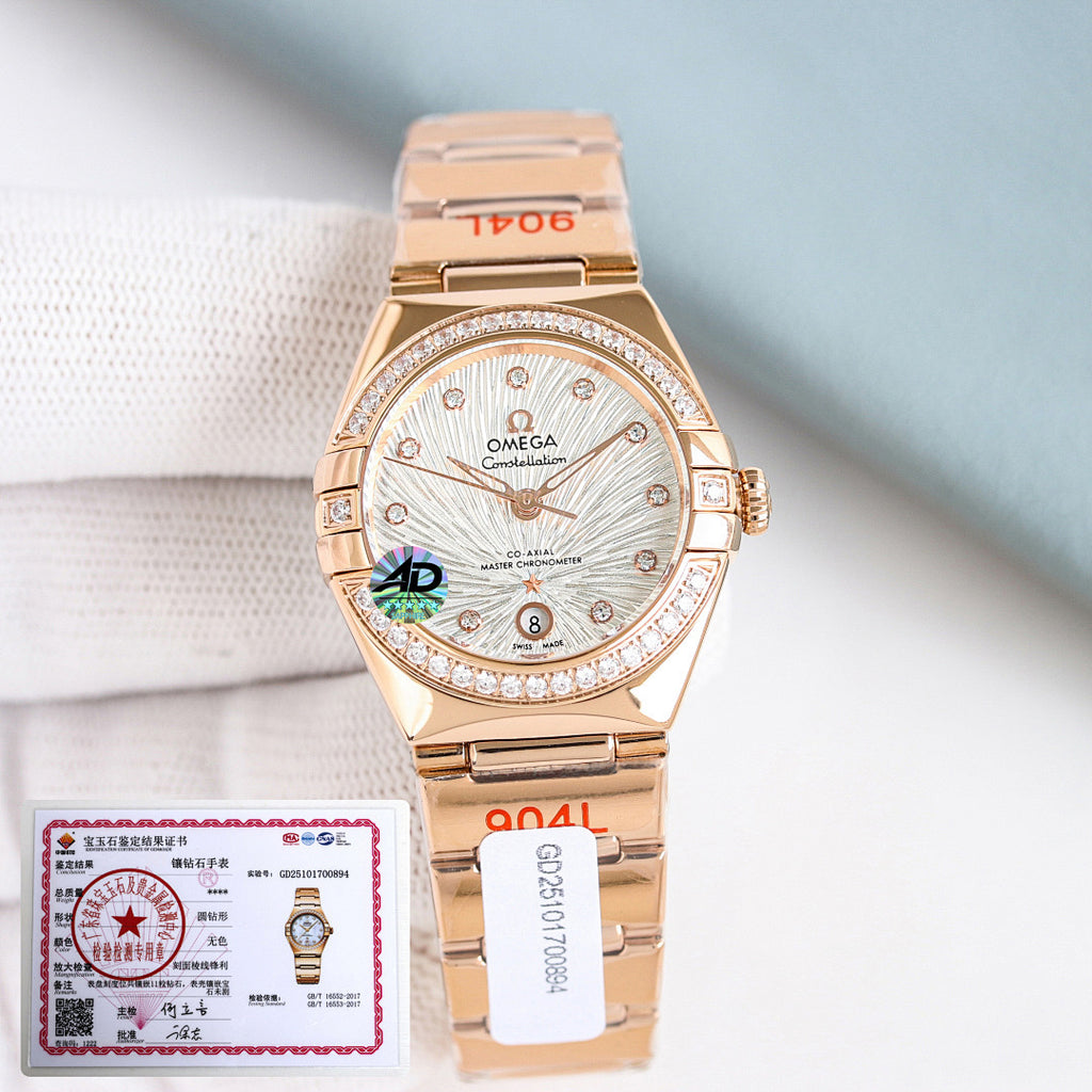 Omega wristwatch with rose gold bracelet, round bezel with diamonds, white textured dial.