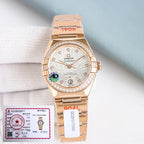 Omega wristwatch with rose gold bracelet, round bezel with diamonds, white textured dial.