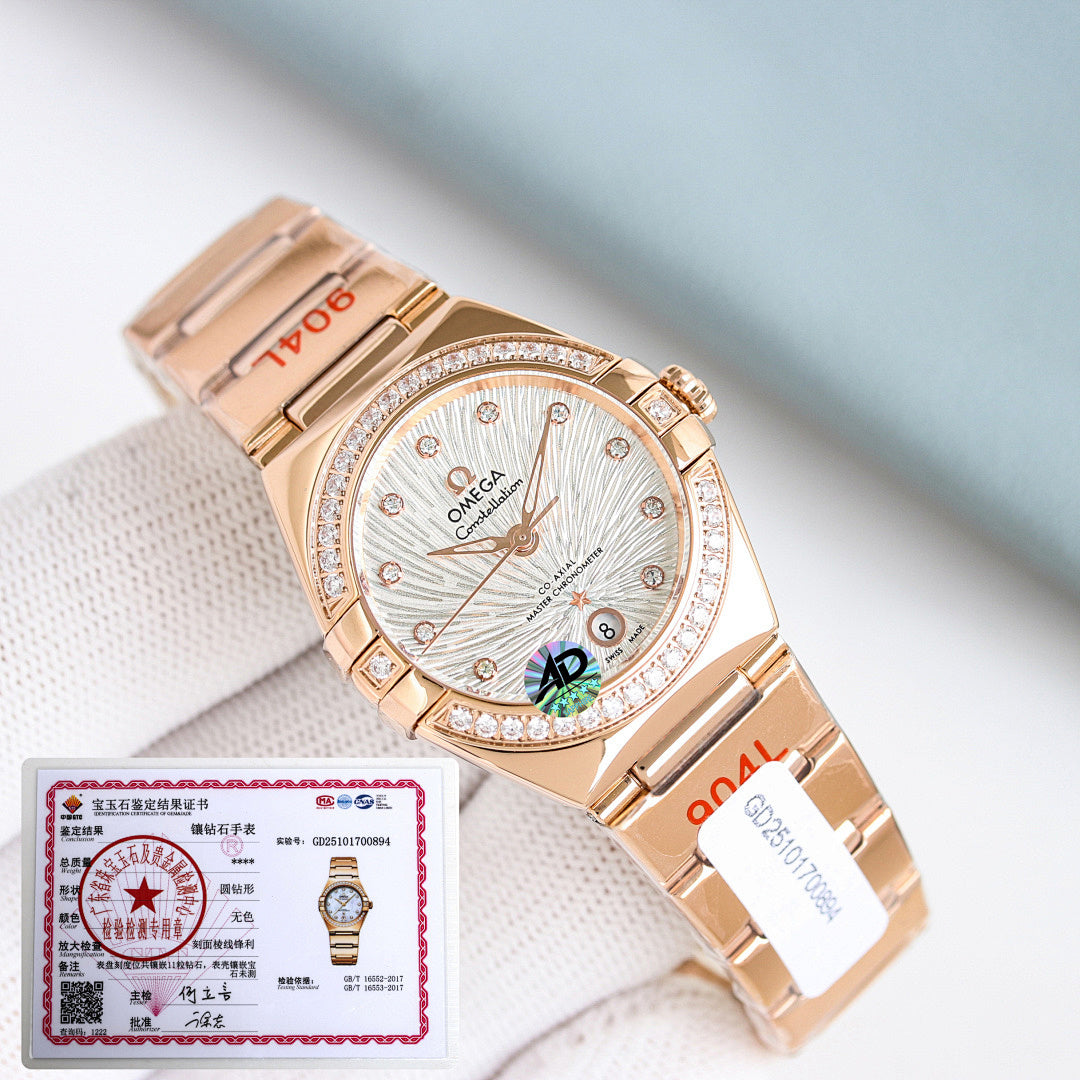 Omega wristwatch with rose gold bracelet, white dial, diamond bezel, gem markers.