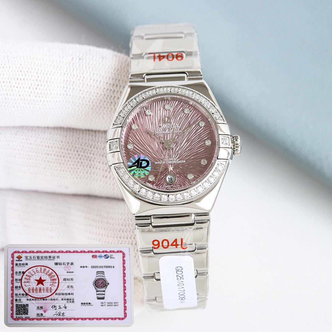 Omega wristwatch with silver bracelet, pink textured dial, diamond bezel and markers.