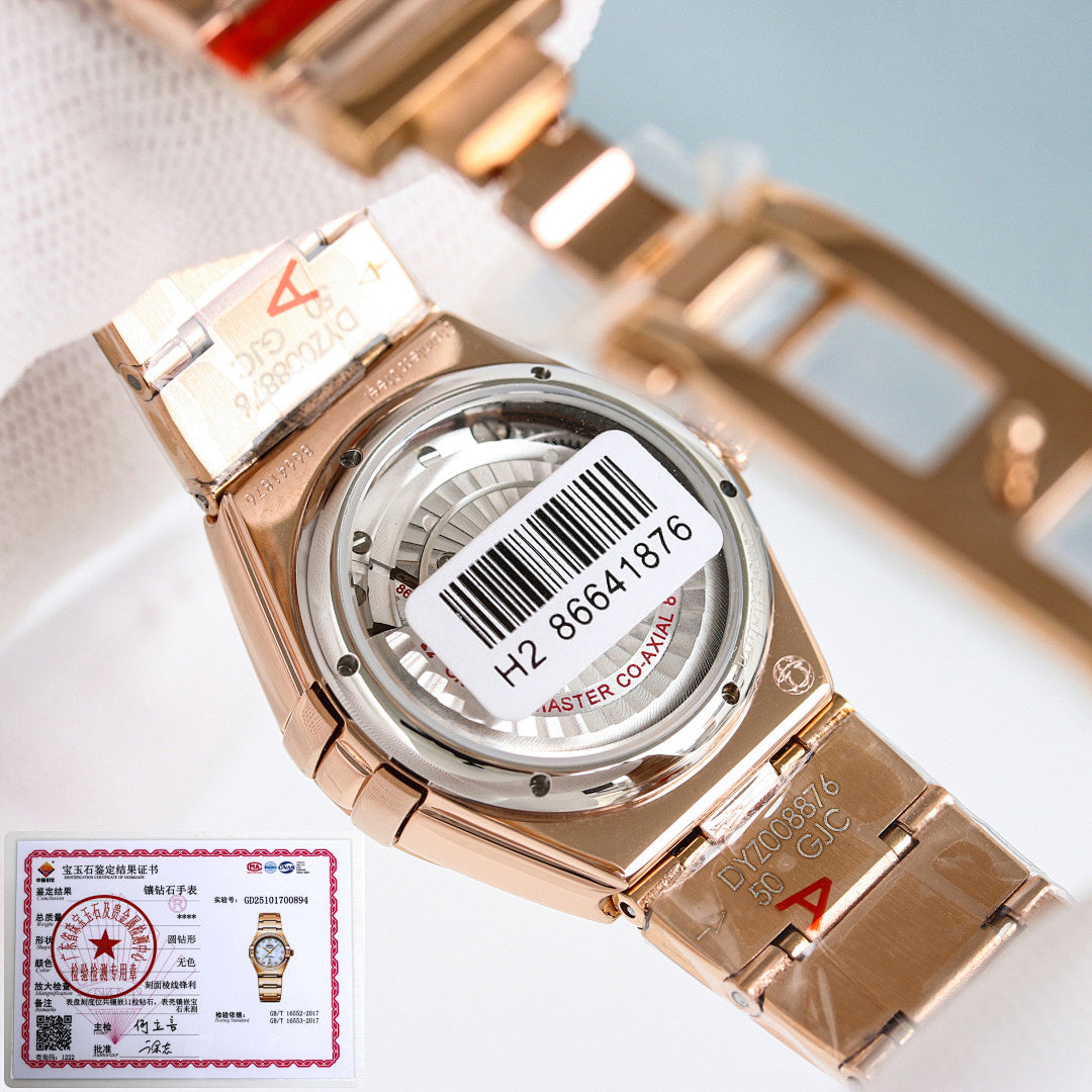 Omega wristwatch with rose gold bracelet, view of caseback and lugs, diamond detail.