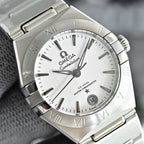 Omega Constellation wristwatch with silver case and bracelet, white dial with Roman numerals