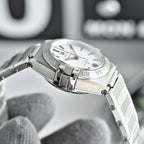 Omega Constellation wristwatch with silver case and bracelet, white dial and Roman numerals