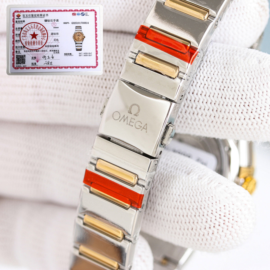 Omega watch bracelet close-up with serial-marked links and orange gasket accents