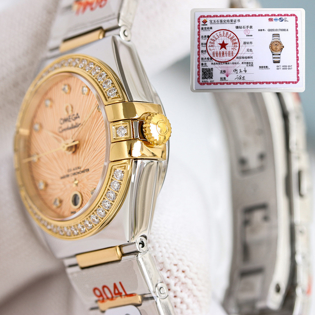 Omega watch with gold bezel, champagne dial, and silver-and-gold metal bracelet